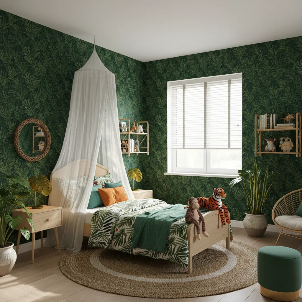 jungle themed kids bedroom with tropical leaves wallpaper and vibrant decor