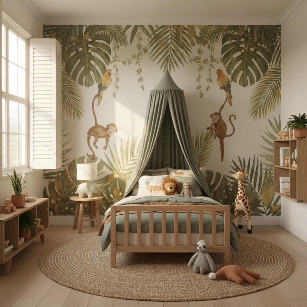Jungle themed kids bedroom with leafy wallpaper and wooden bed