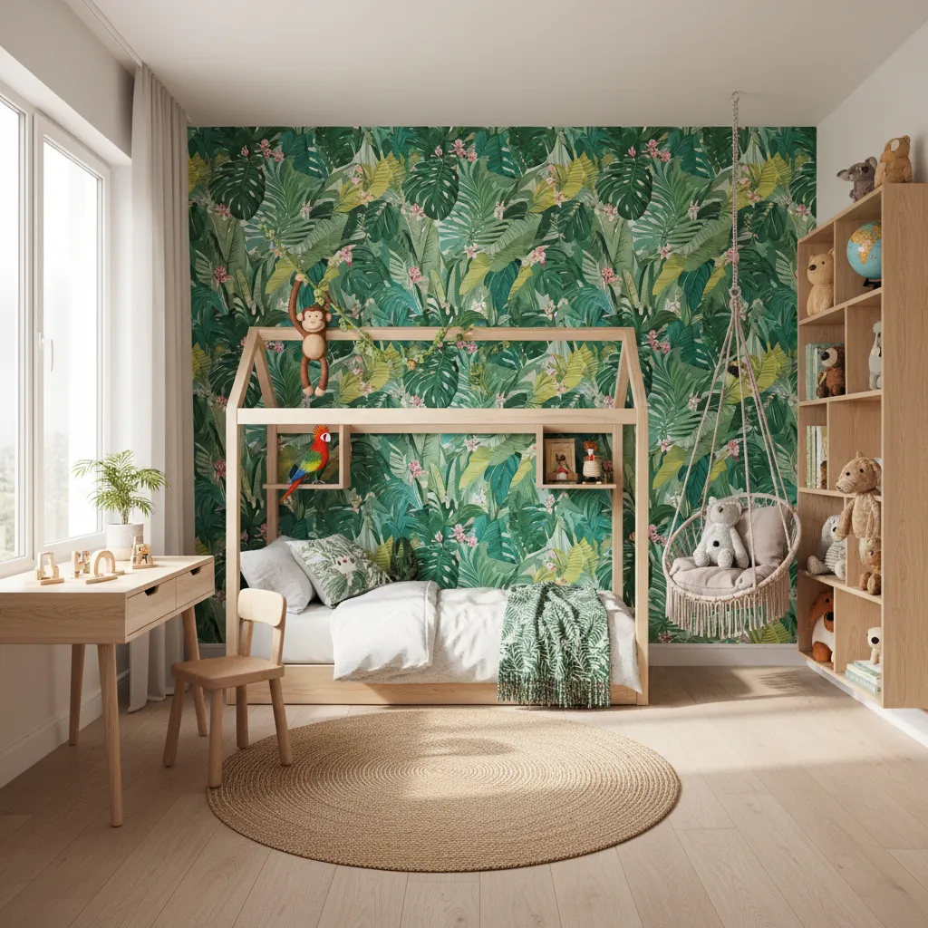 jungle animal themed bedroom with leafy wallpaper and playful decor