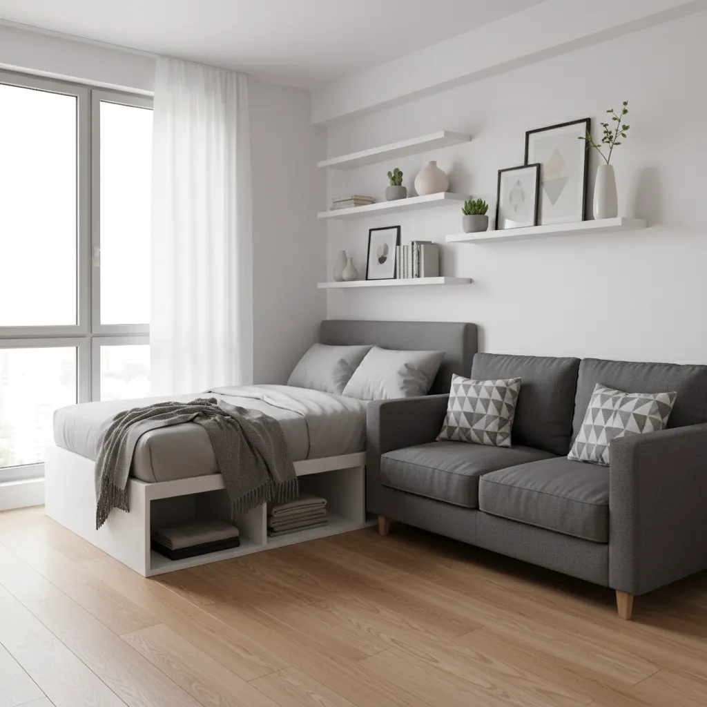 compact junior one bedroom apartment with organized storage layout