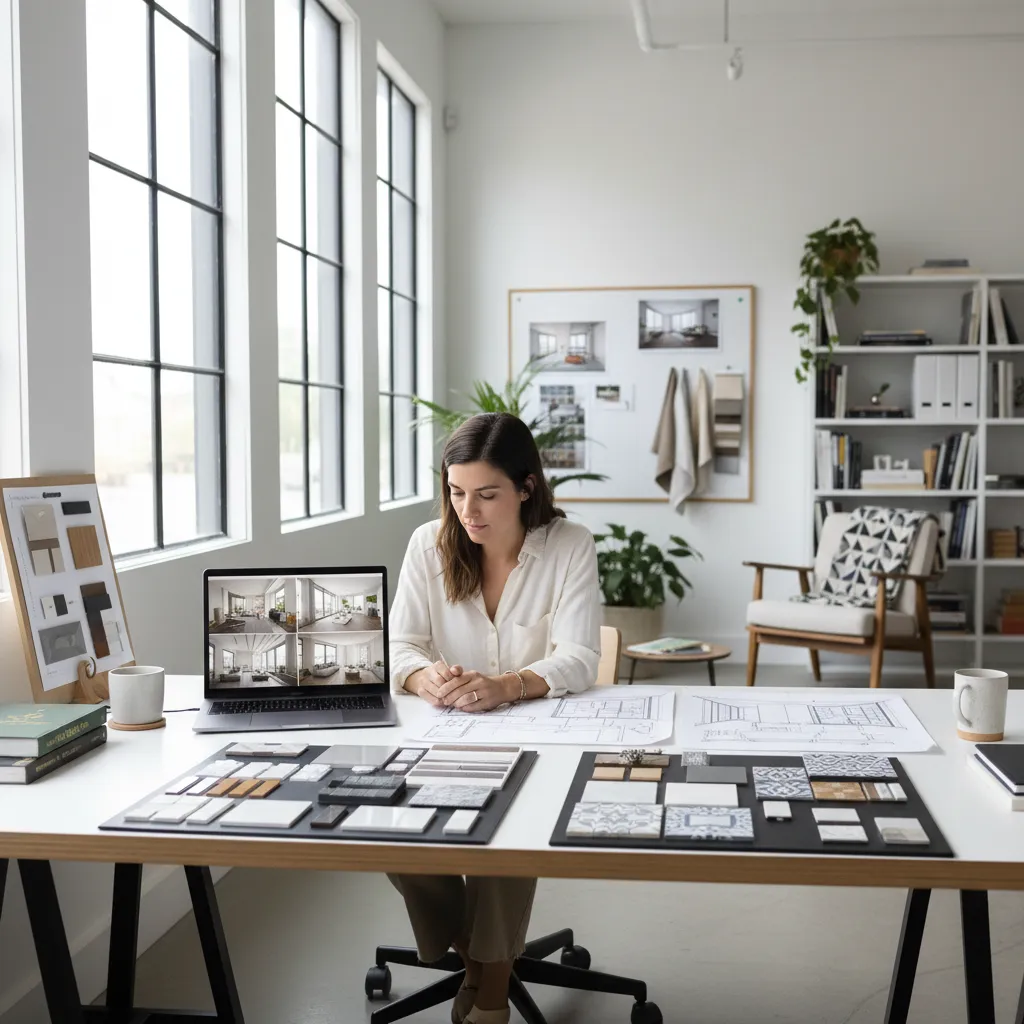 Diseñador de interiores joven trabajando en un proyecto en ordenador