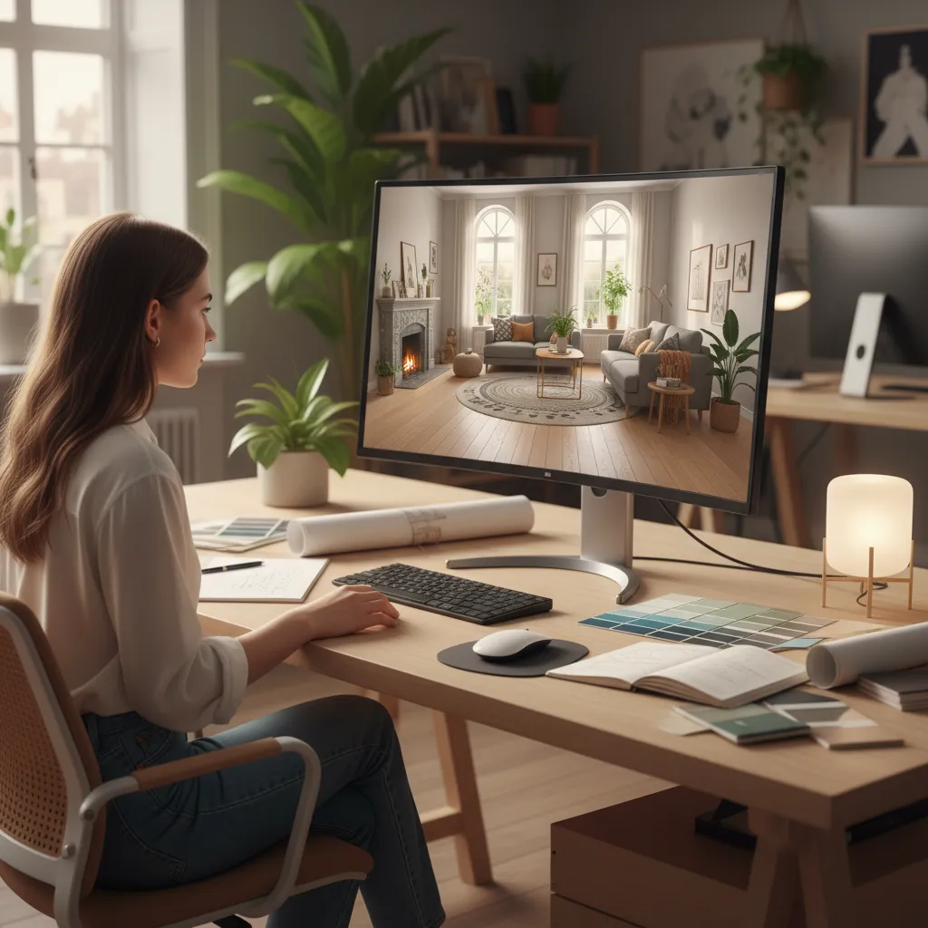 Junior interior designer creating residential living room layout on computer