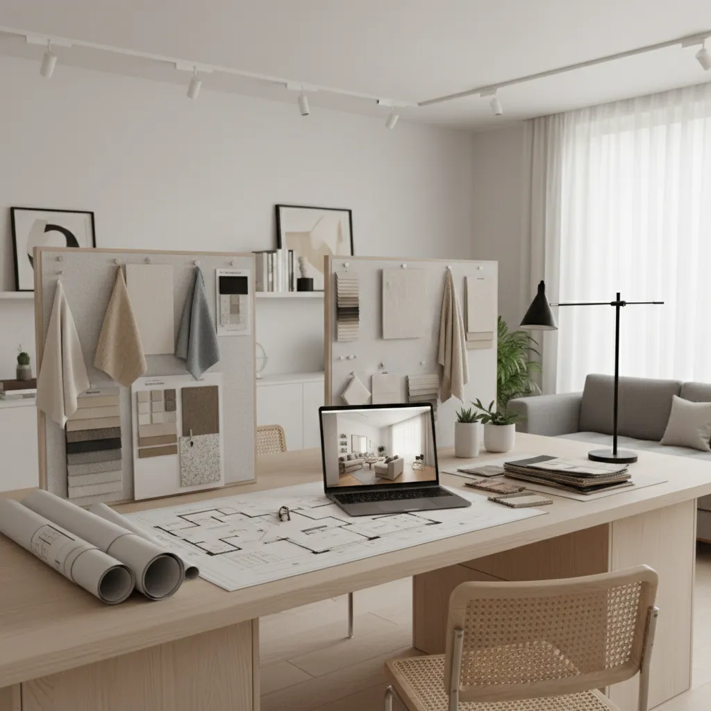 junior interior designer reviewing floor plans and mood boards