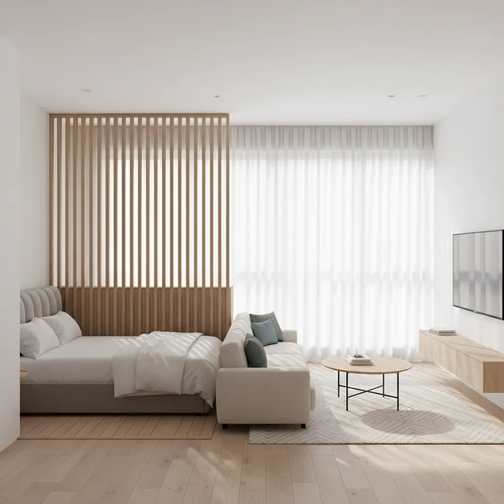 junior one bedroom apartment with sleeping alcove and partial divider wall