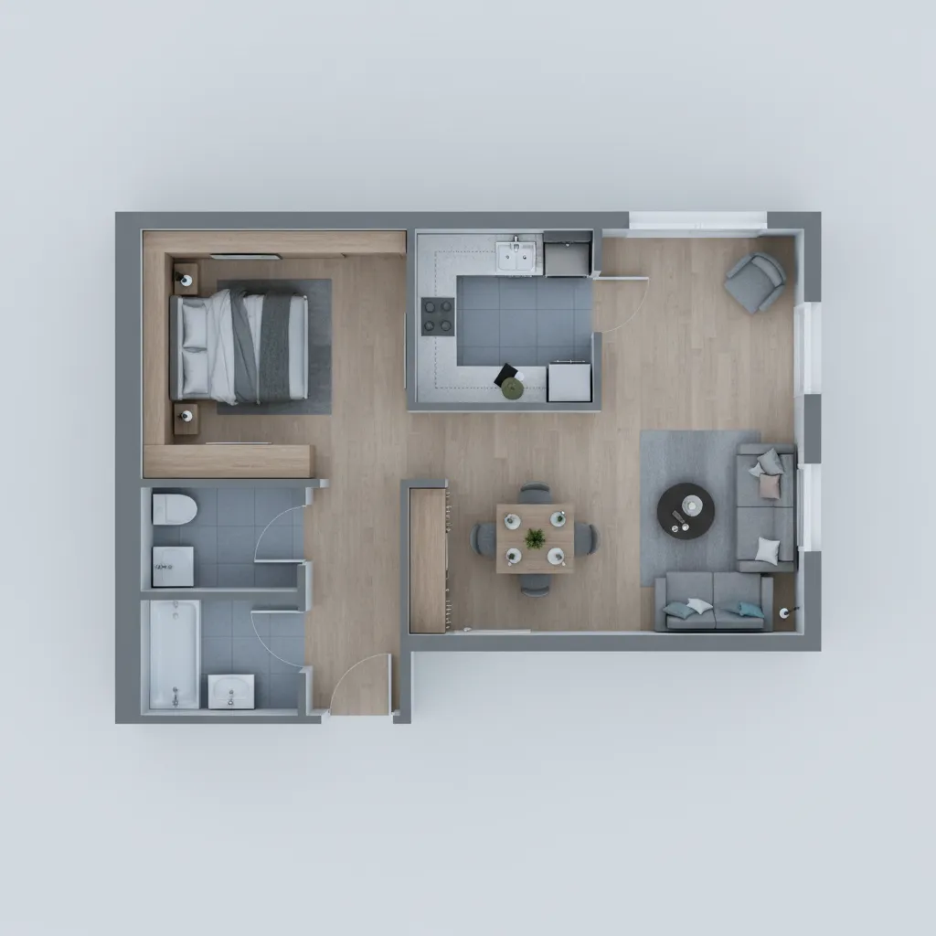 Junior one bedroom apartment floor plan layout with compact bedroom and living area