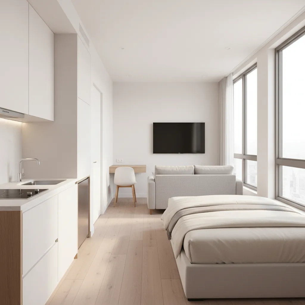 optimized furniture placement improving flow in a junior one bedroom apartment