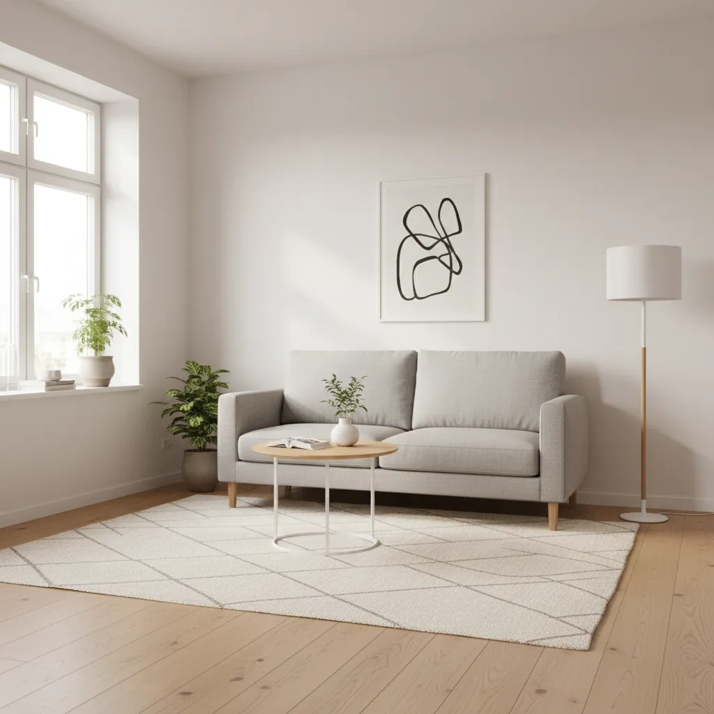 Small junior one-bedroom living room with compact sofa and minimalist furniture