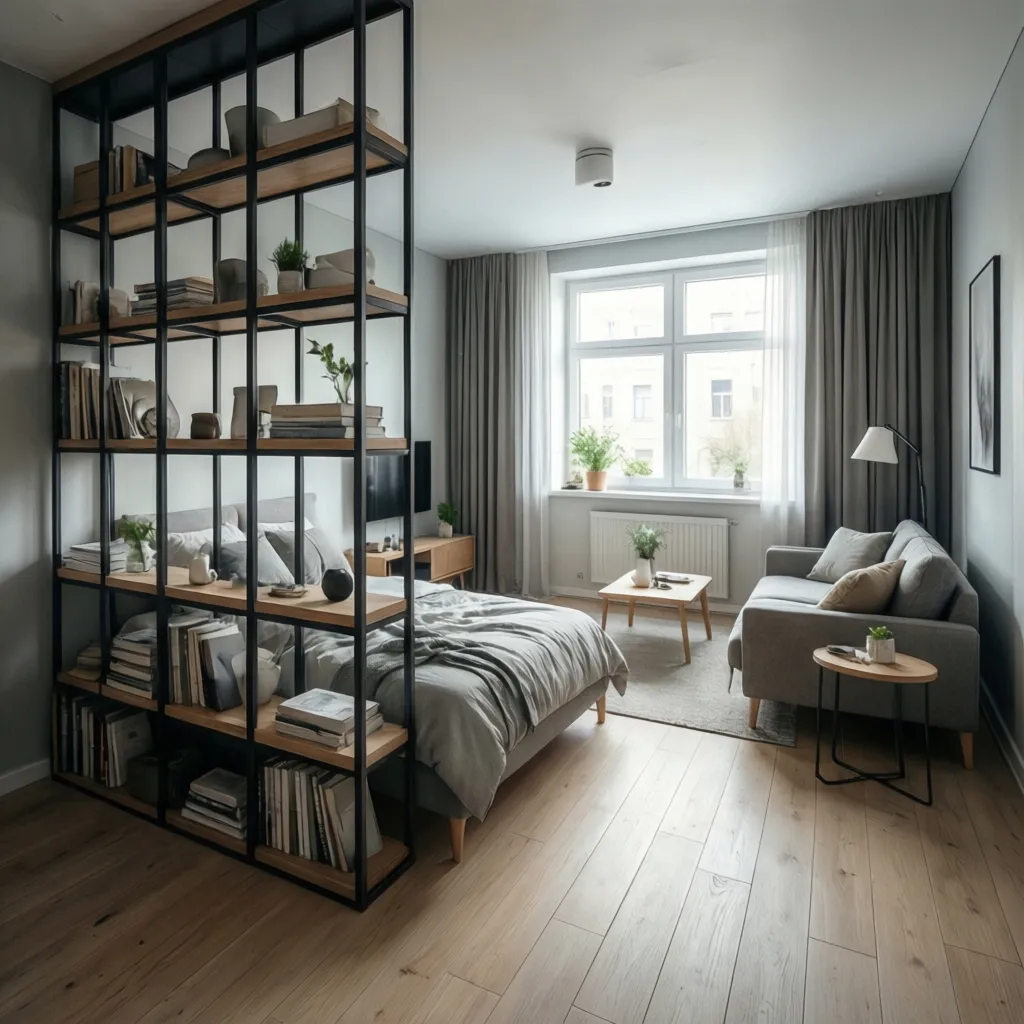 open shelving divider separating bedroom and living area in junior one bedroom apartment