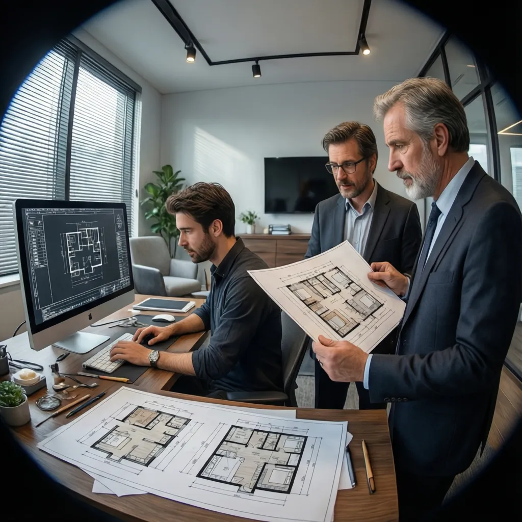 Comparison scene showing junior designer drafting while senior designer reviews project plans