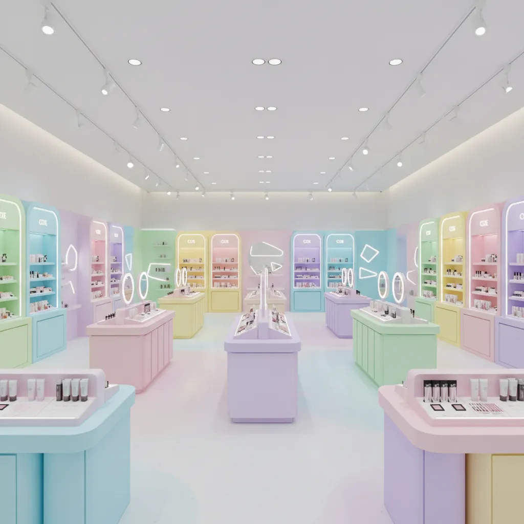 Colorful K beauty shop interior with playful product displays and tester stations
