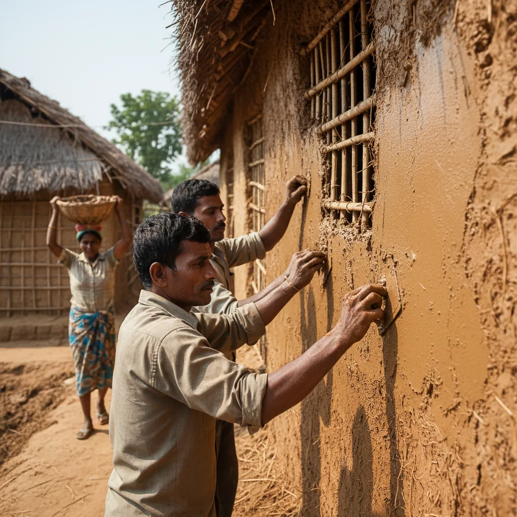 Repair work being done on a mud wall of a kacha house