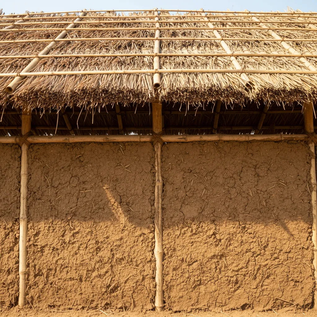 Close view of mud wall and bamboo construction used in kacha houses
