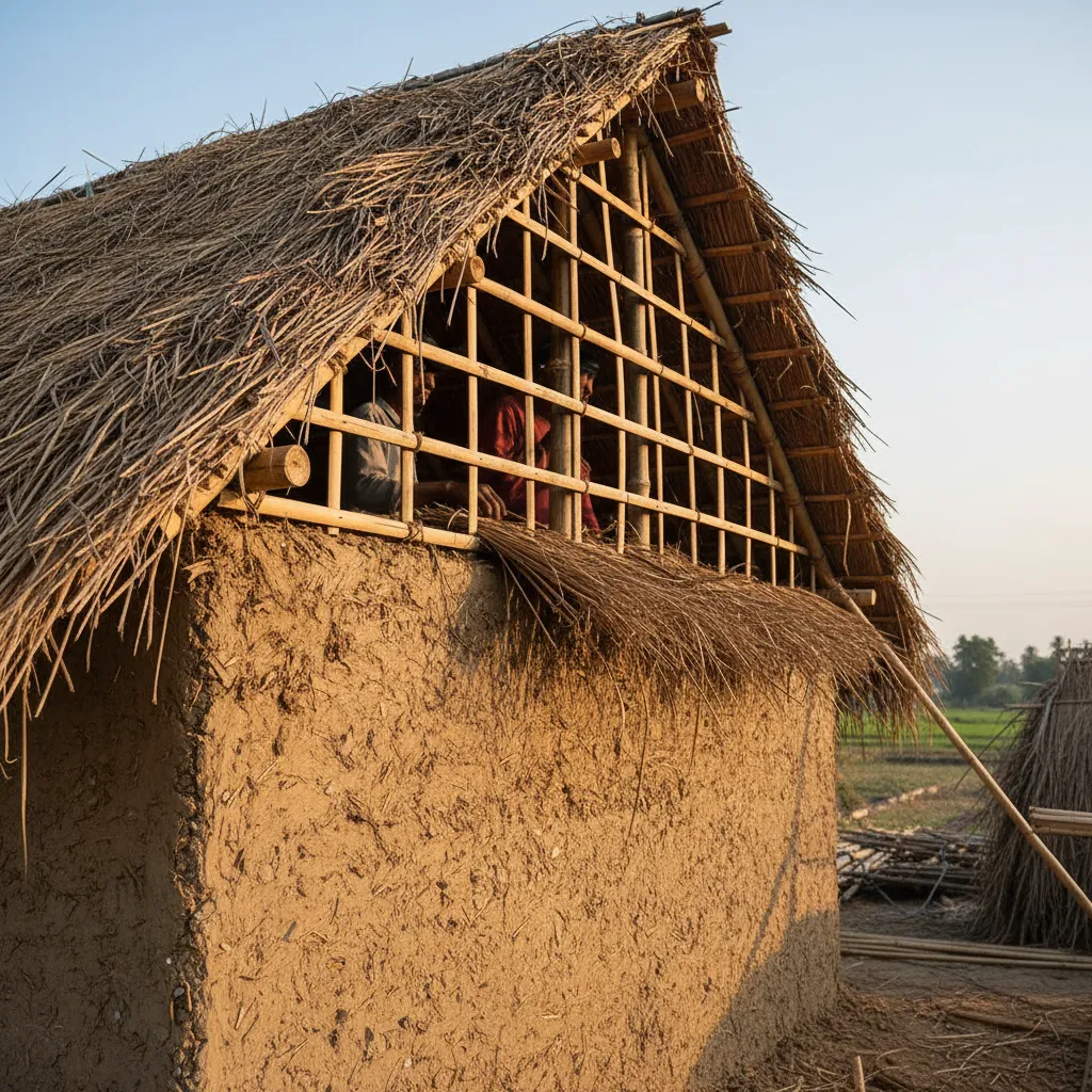 Close view of mud wall construction and bamboo structure in a traditional kacha house