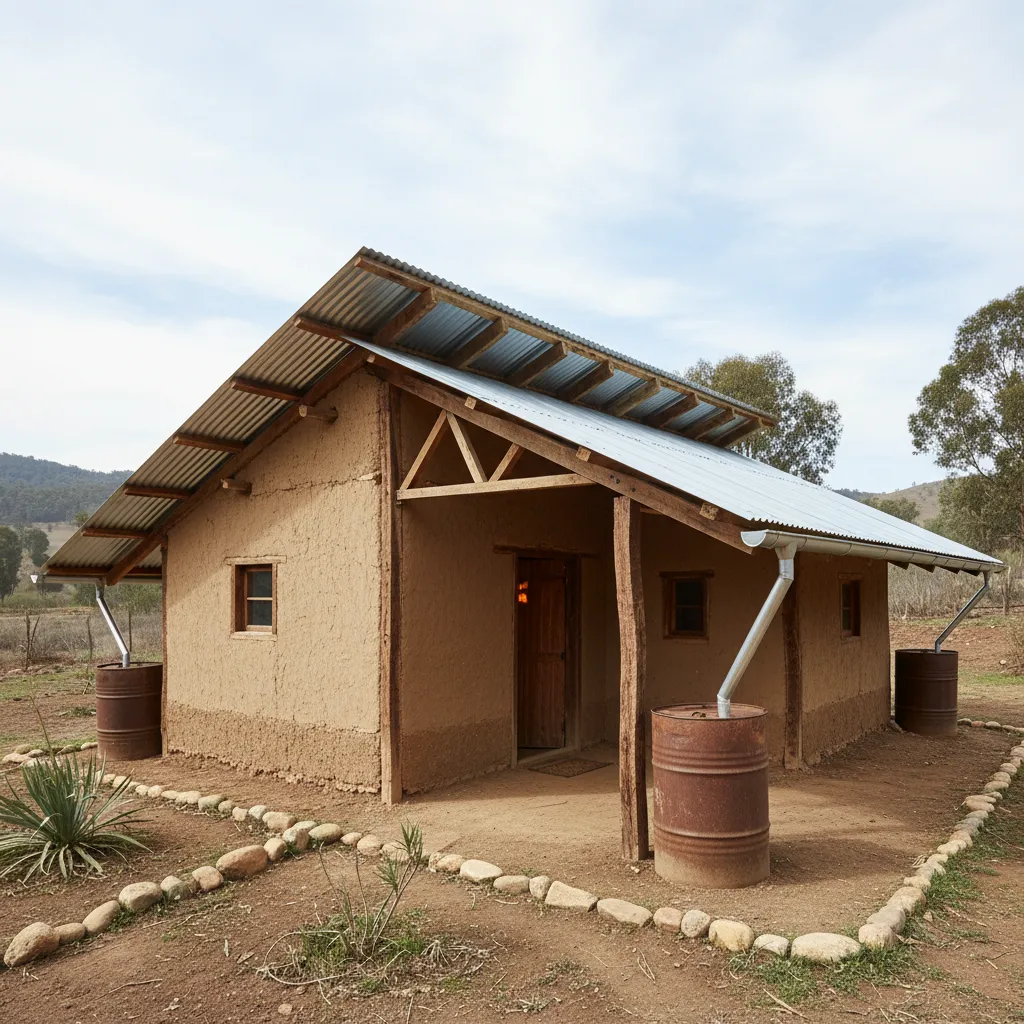 Mud house with extended metal roof protecting walls from rain