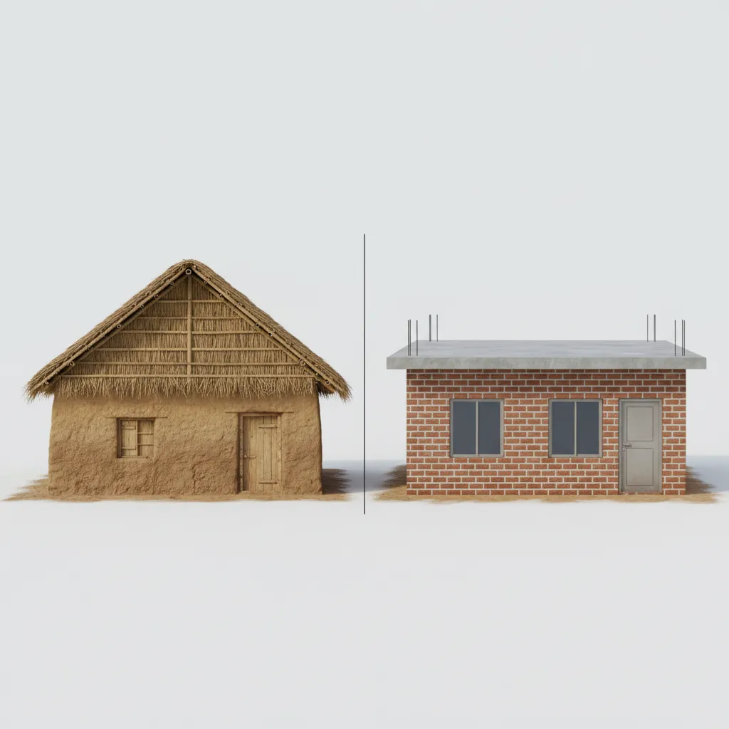Visual comparison of kacha house structure and pakka house structure