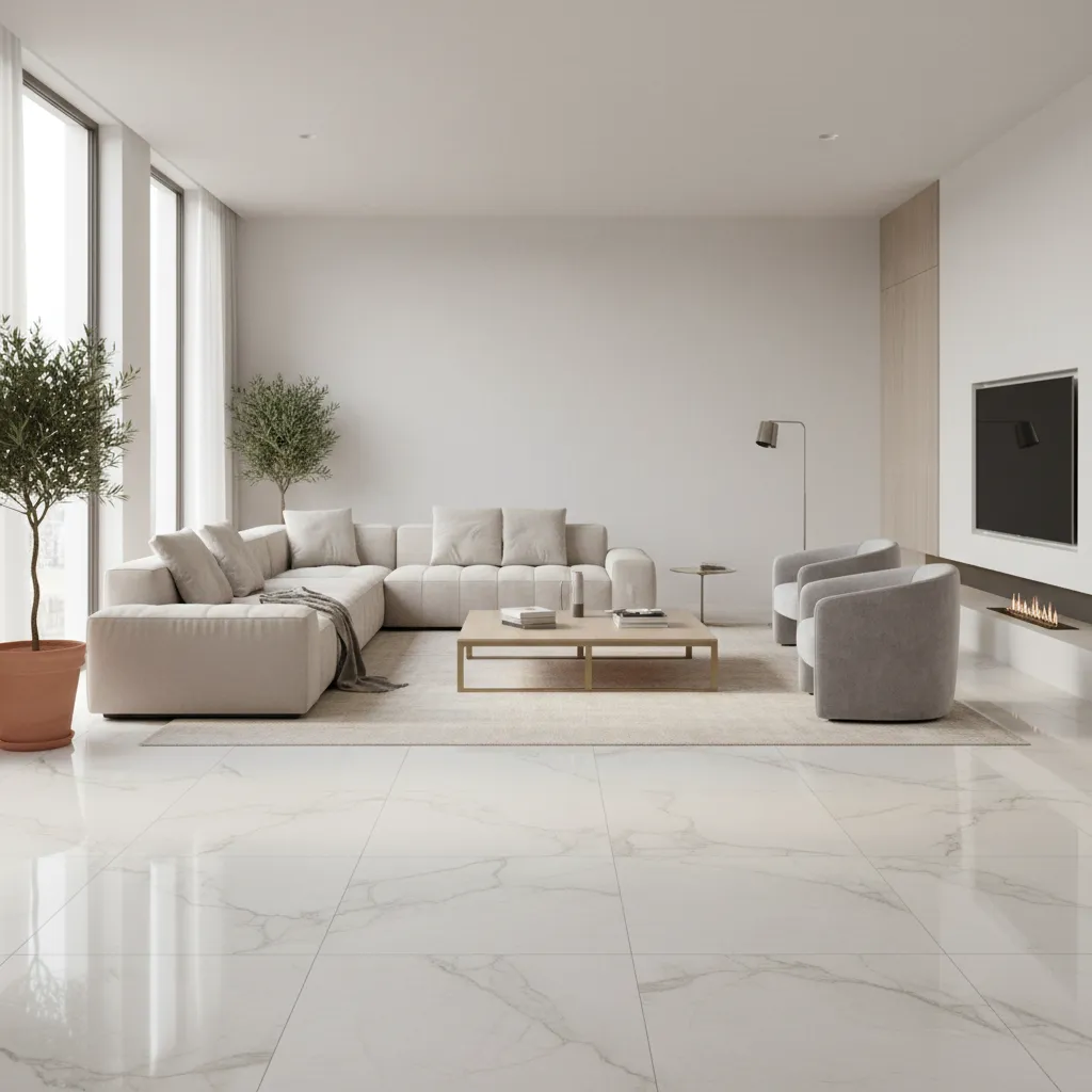 Living room floor with marble look vitrified tiles similar to Kajaria 2x2 design