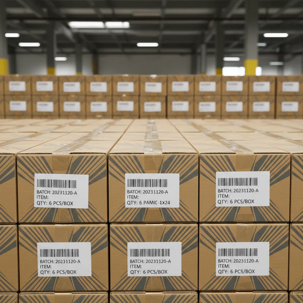 Tile packaging box showing batch number and shade code label