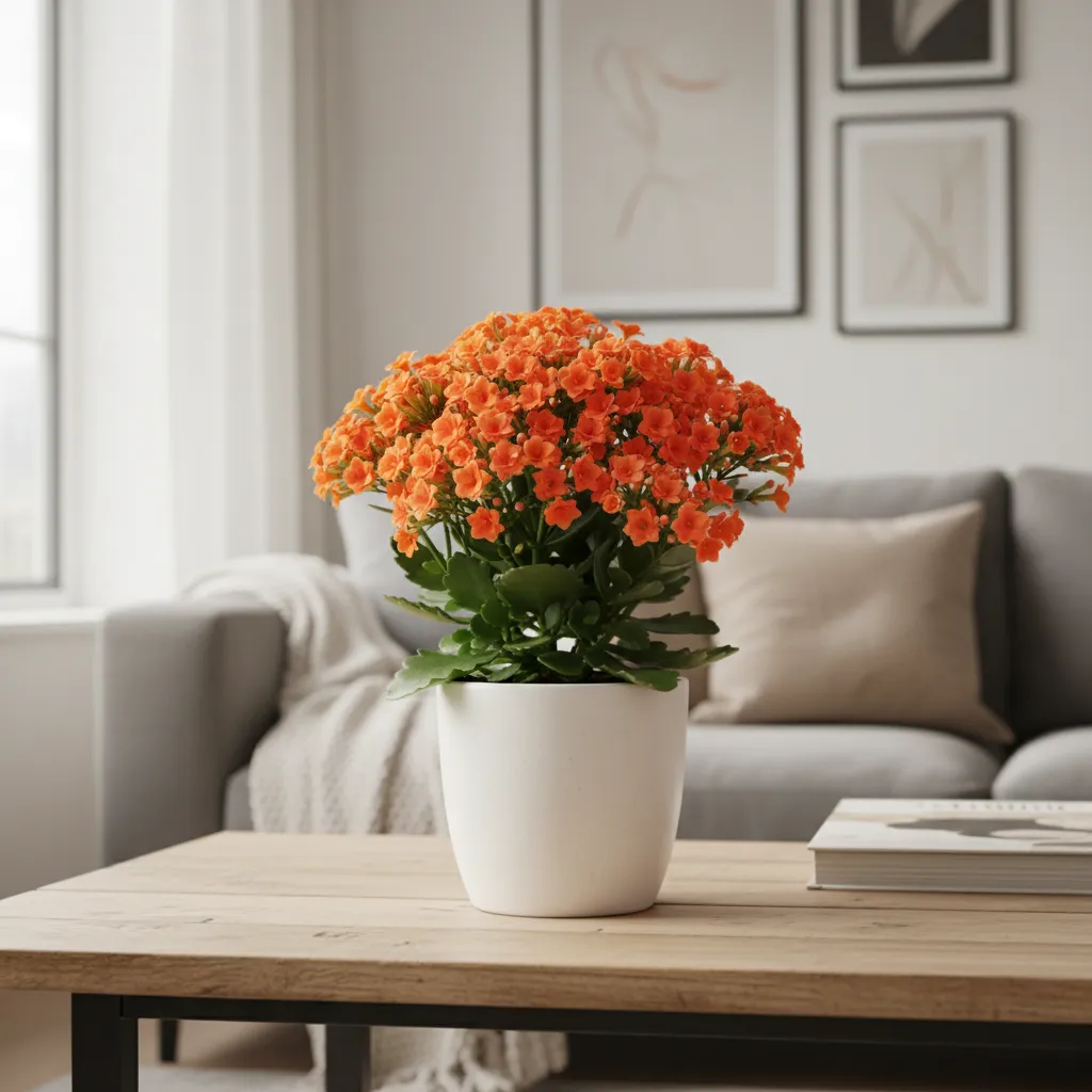 Orange flowering plant in white pot on wooden coffee table with a sofa in background