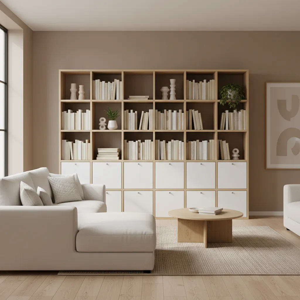 Kallax shelving unit with newly installed DIY cabinet doors in a modern living room