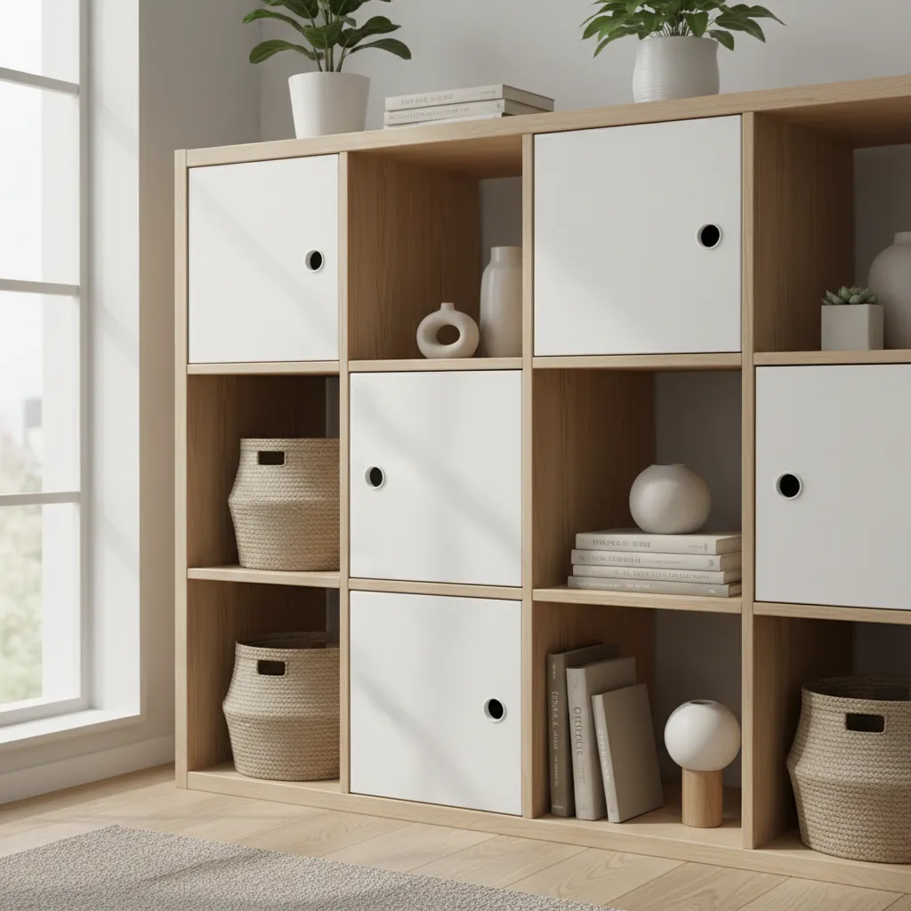Kallax cube shelf showing alternating door and open storage layout