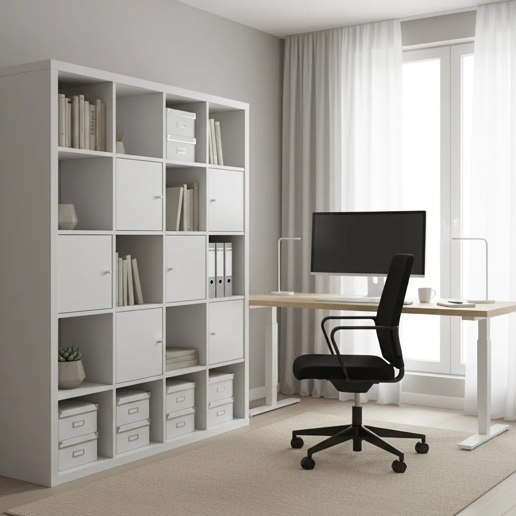 Home office with Kallax storage shelves with doors organizing supplies