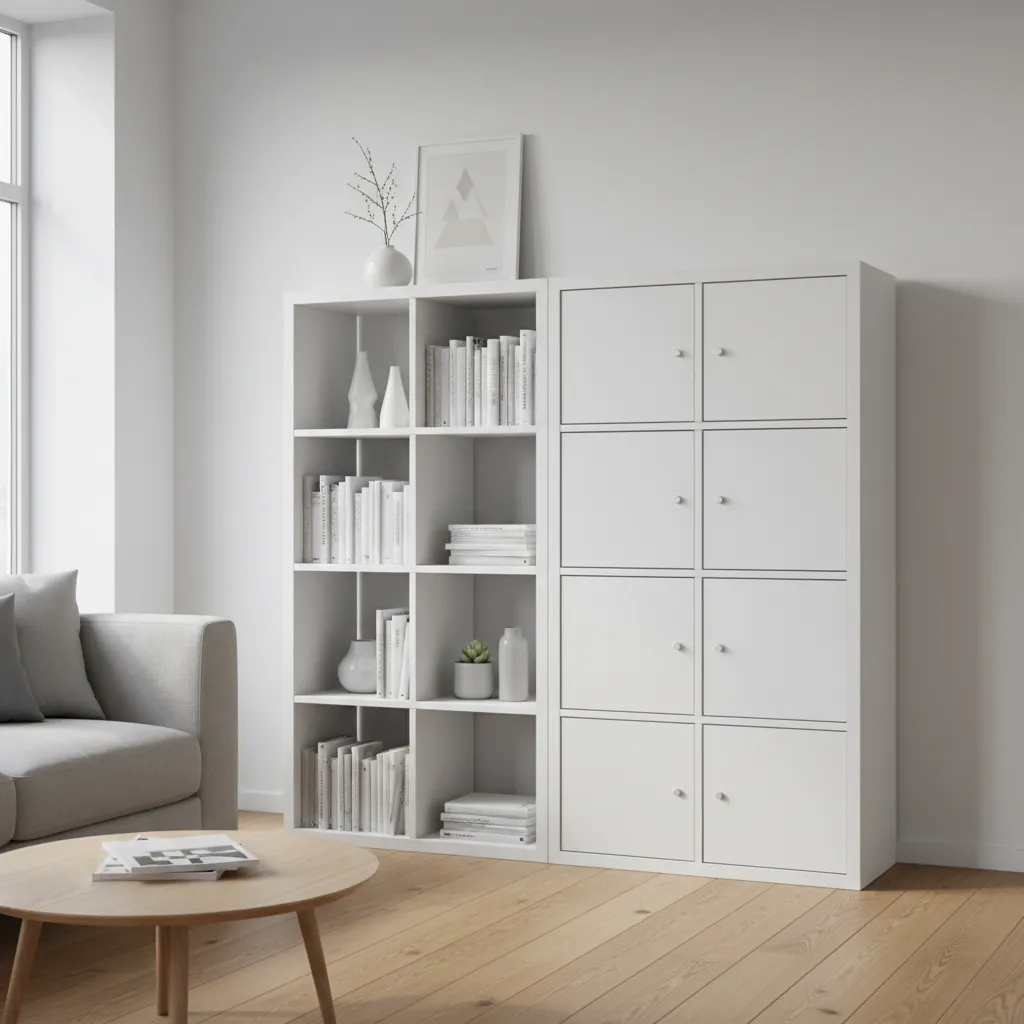 IKEA Kallax shelf showing open cubbies on one side and door-covered storage on the other