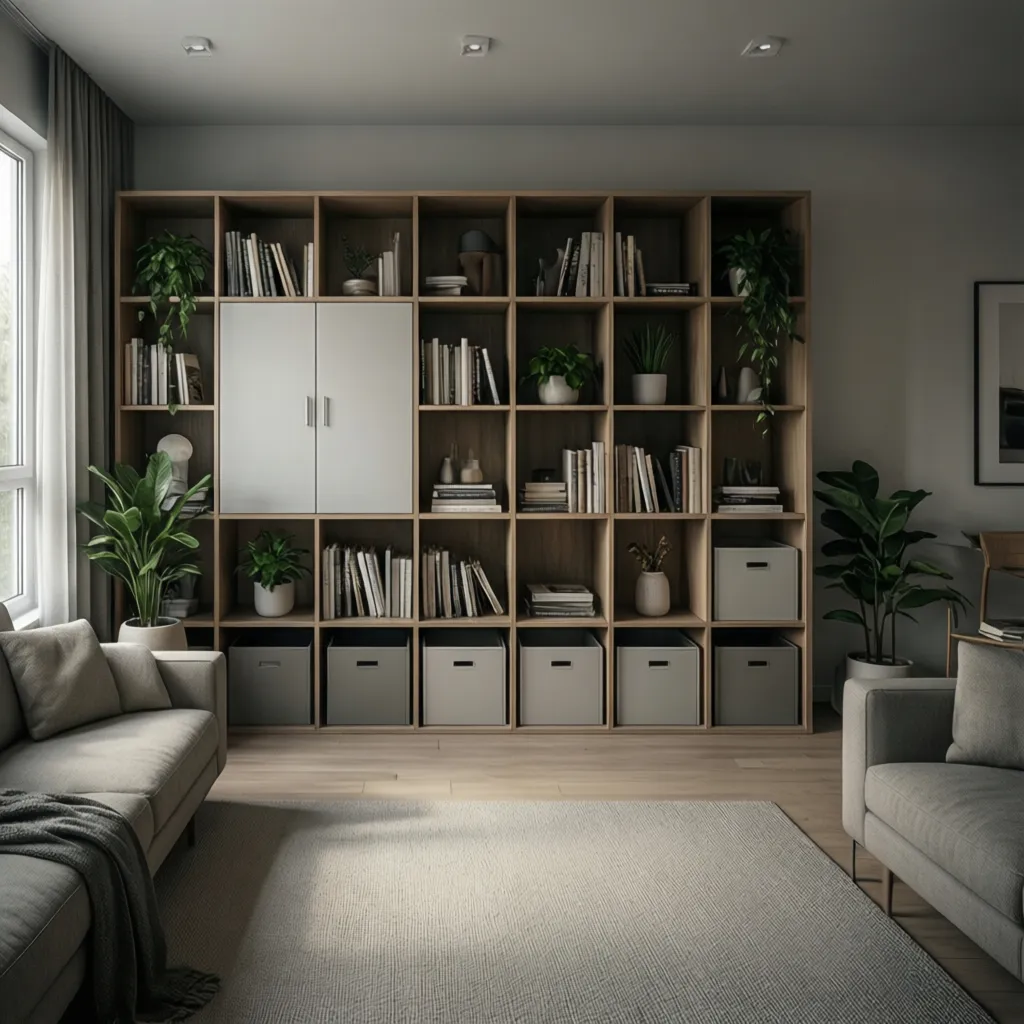 Kallax shelving unit with doors styled in a modern apartment living room