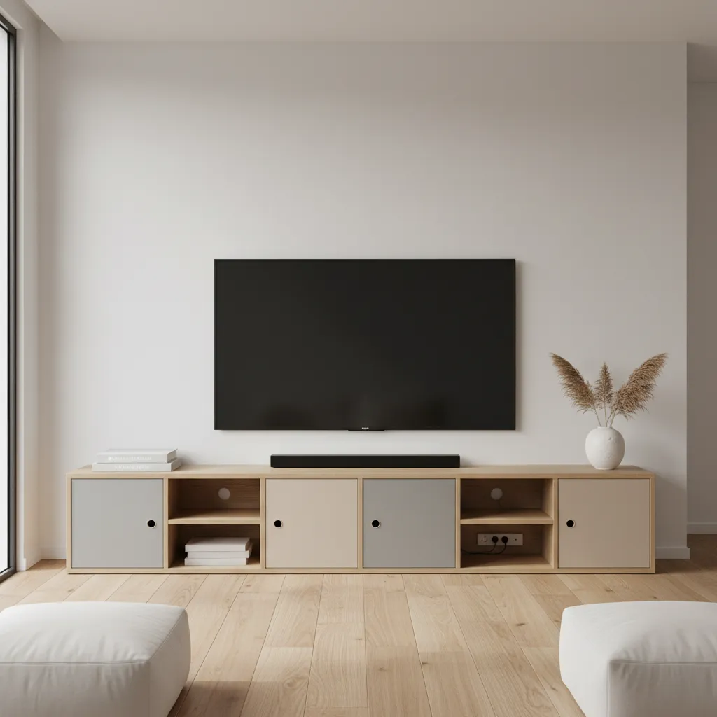 Kallax shelves with doors used as TV media console in living room