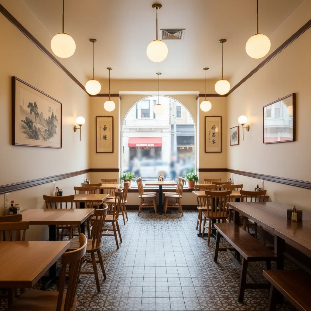 interior dining area of Kam Po Kitchen style Cantonese restaurant with simple tables
