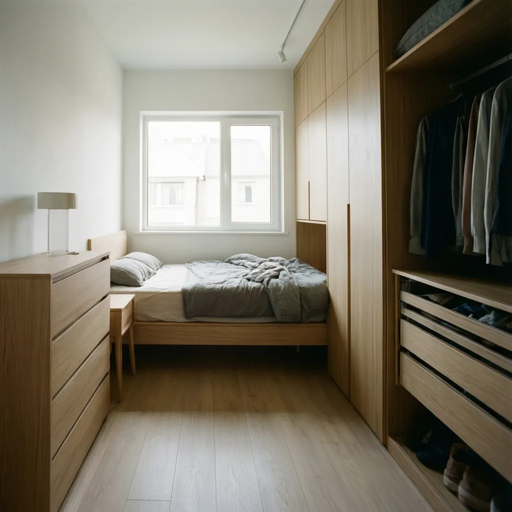 Kamar tidur kecil dengan furnitur minimalis