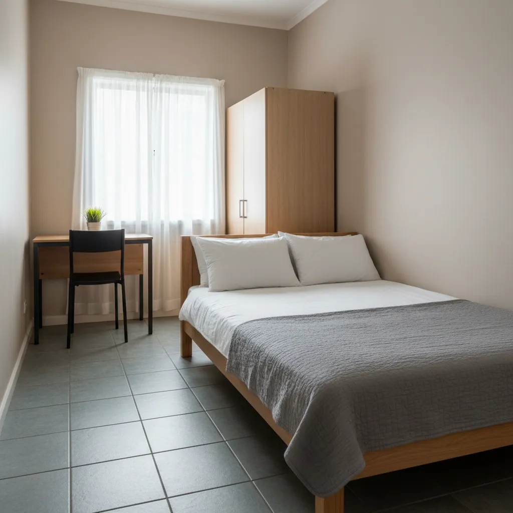 Interior kamar kontrakan sederhana dengan tempat tidur dan lemari