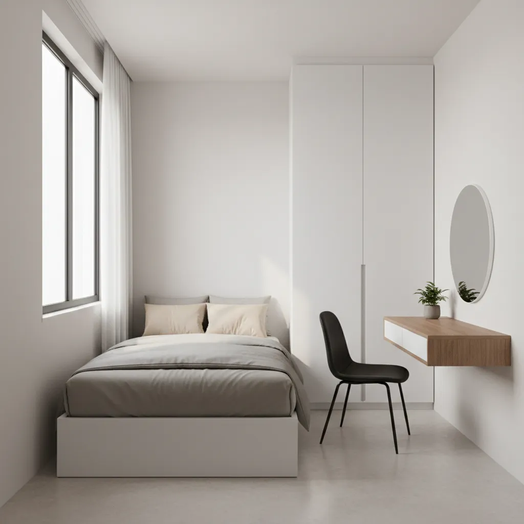 Minimalist bedroom with white walls, gray bed, white wardrobe, wooden desk, black chair, and mirror