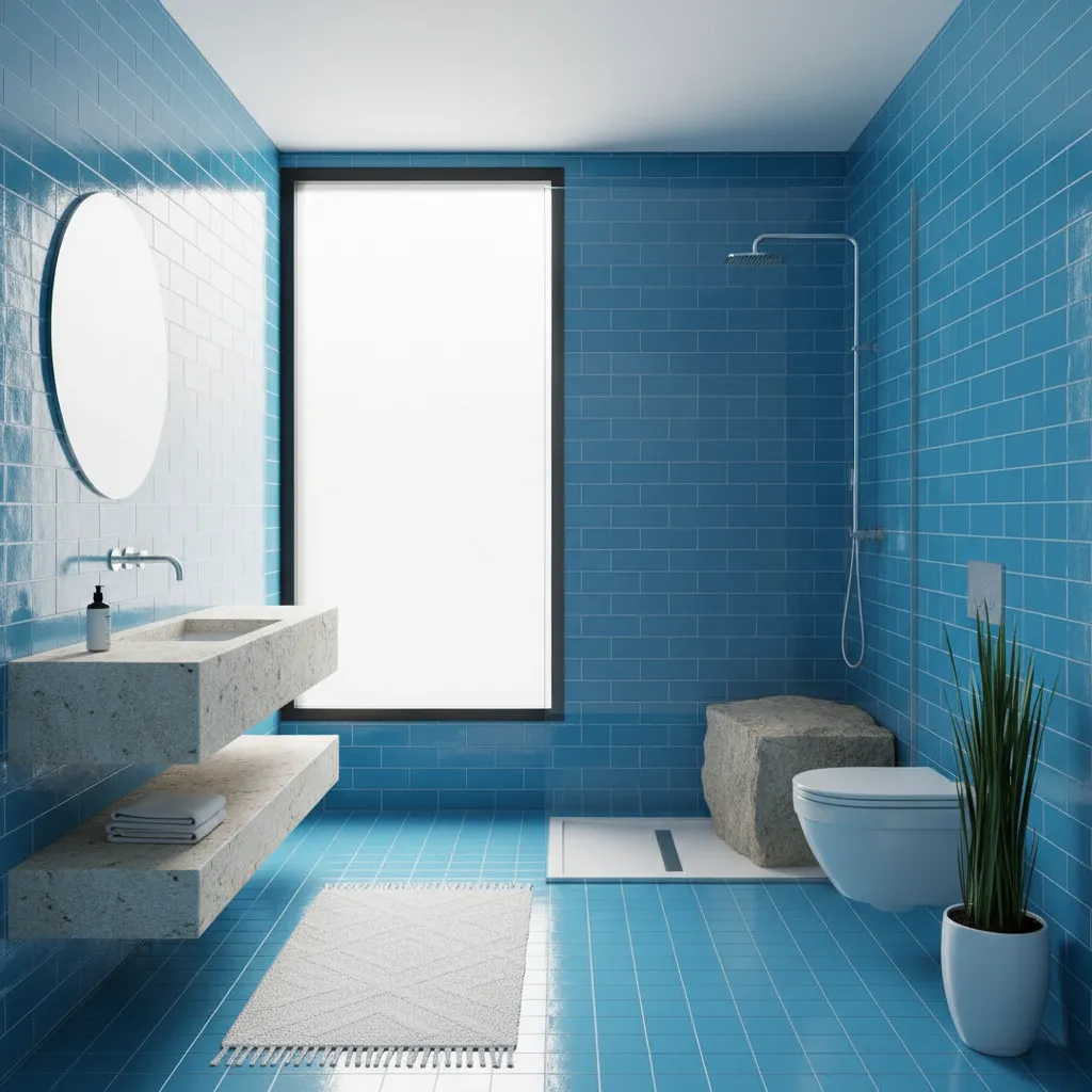 Kamar mandi modern dengan ubin biru terang