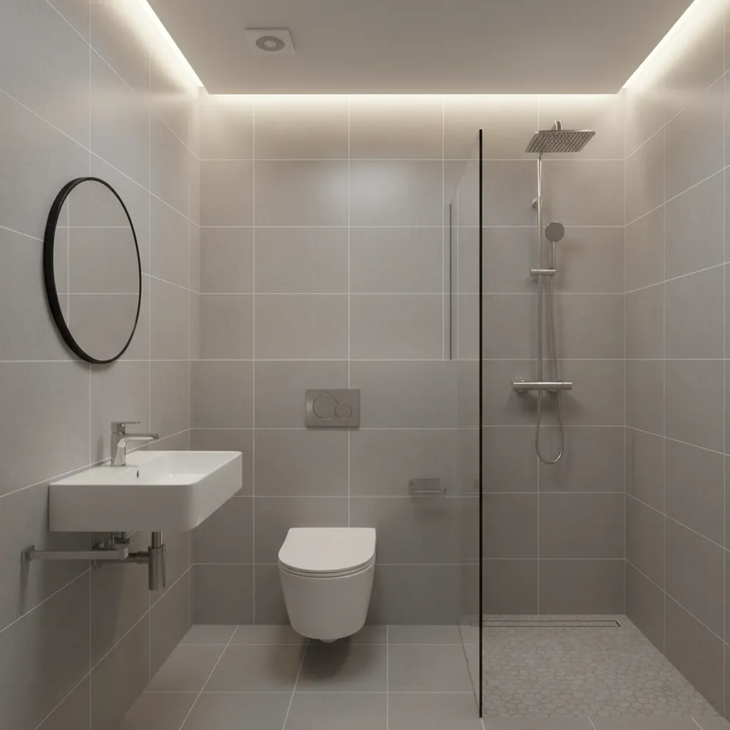 Modern bathroom with gray wall tiles, white sink, wall toilet, glass shower, and round mirror