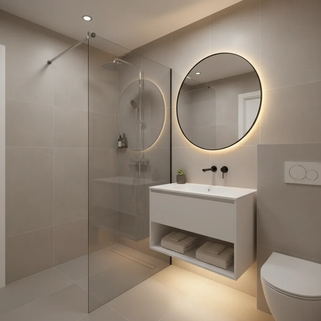 Modern bathroom with beige tiles glass shower enclosure white floating vanity and round glowing mirror