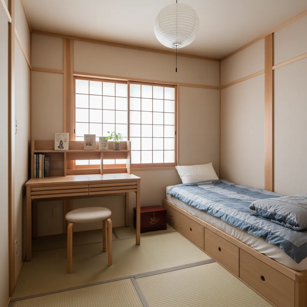 Kamar anak sederhana dengan meja belajar dan rak buku