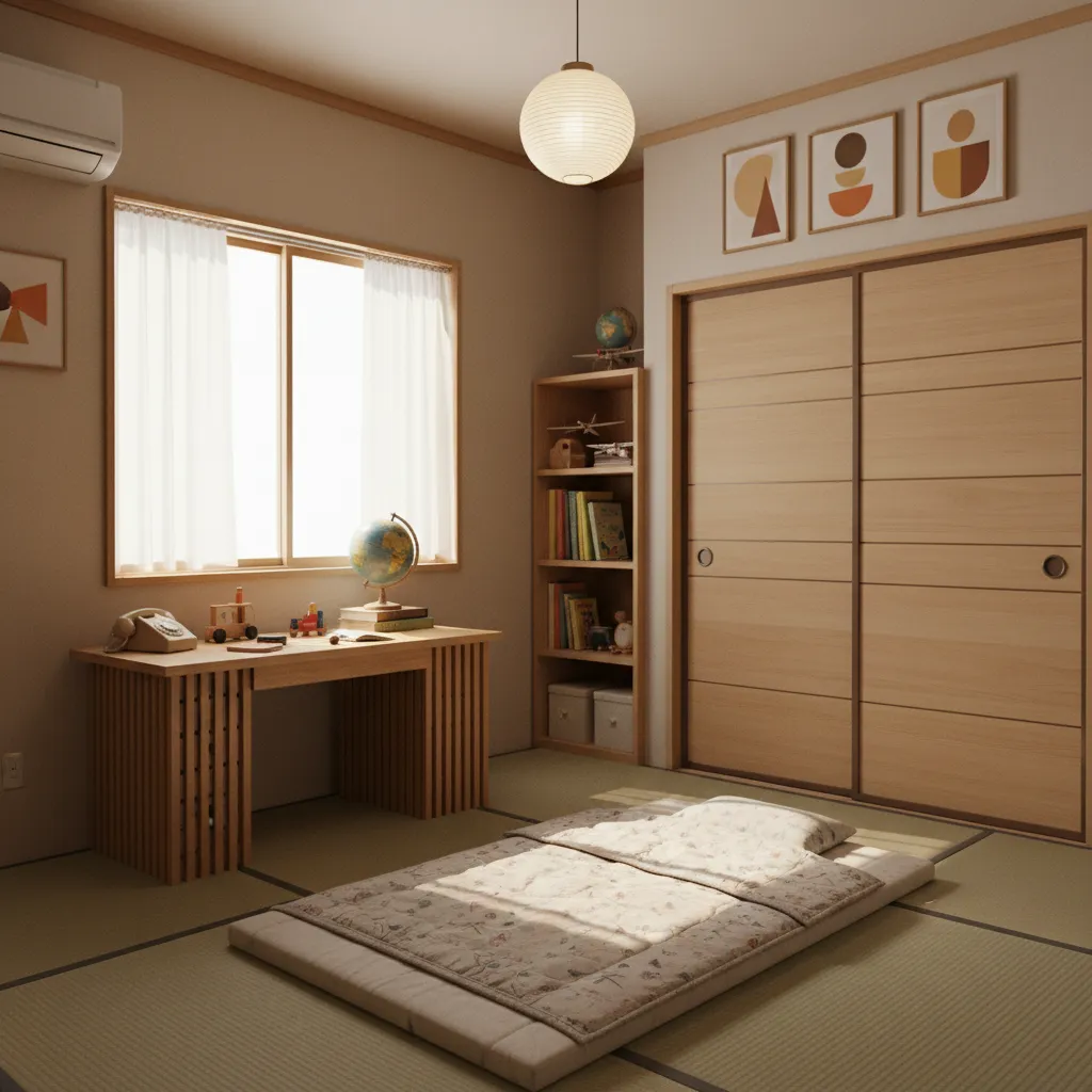 Interior kamar Nobita dengan meja belajar dan jendela besar