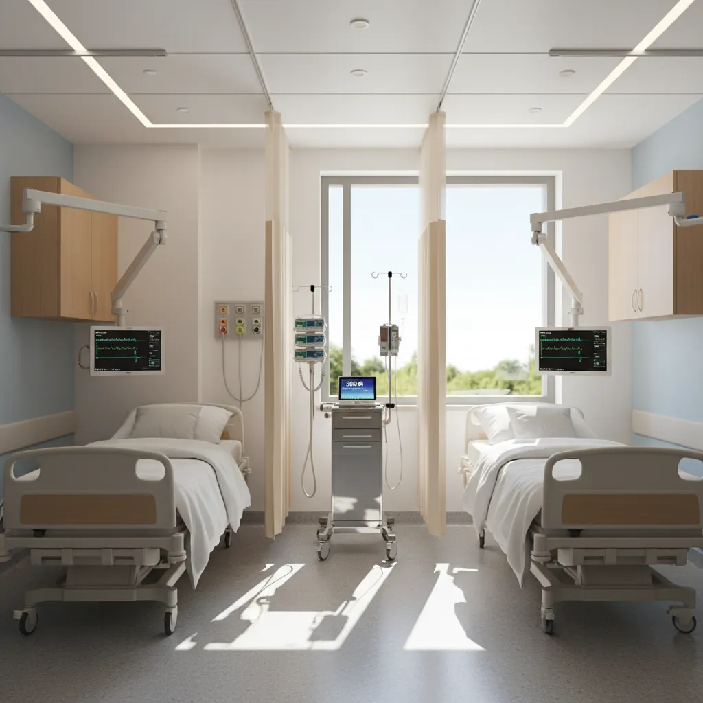 Bright hospital room layout with two patient beds separated by curtains and a large window