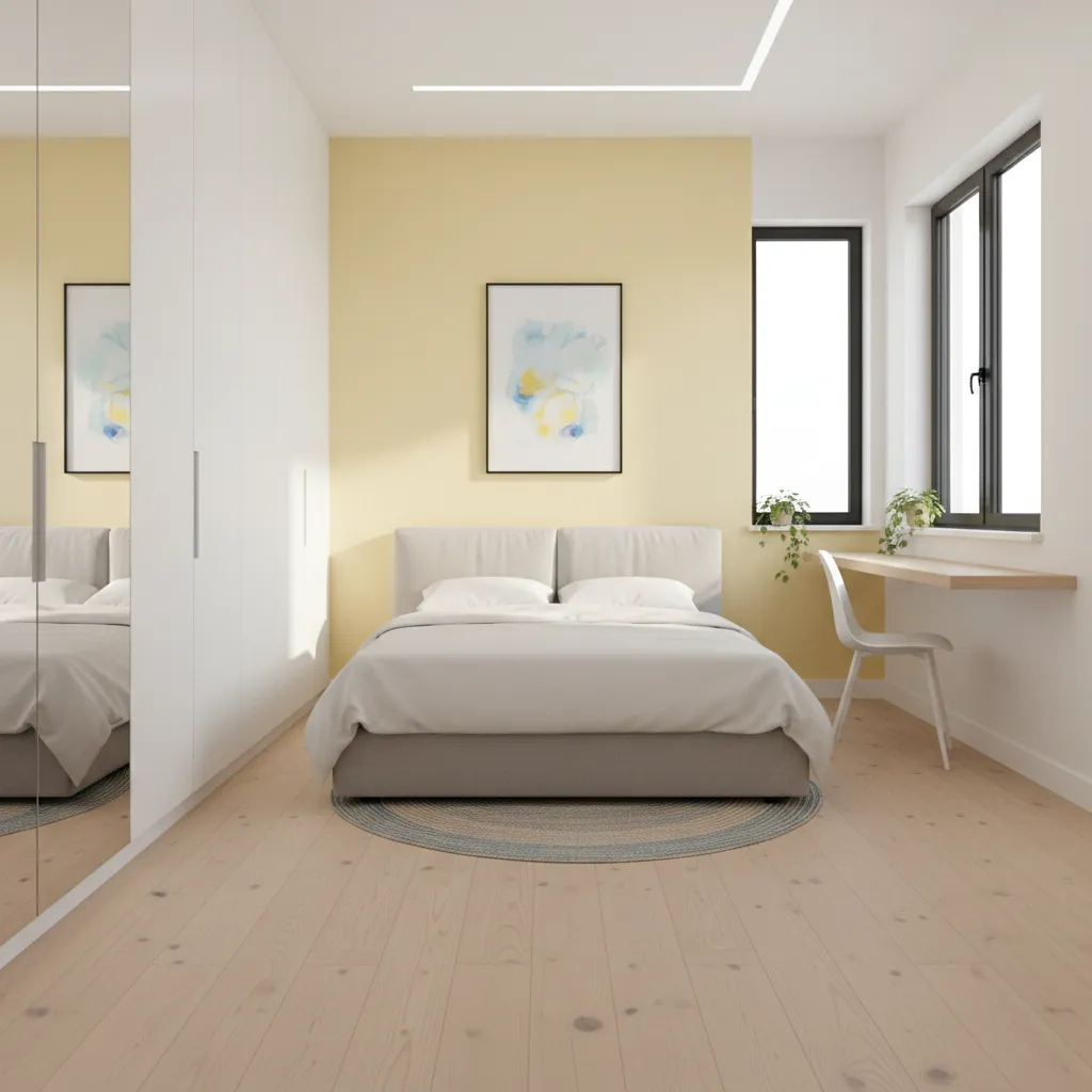 Minimalist bedroom with yellow wall, white bed, mirrored wardrobe, and small desk under the window