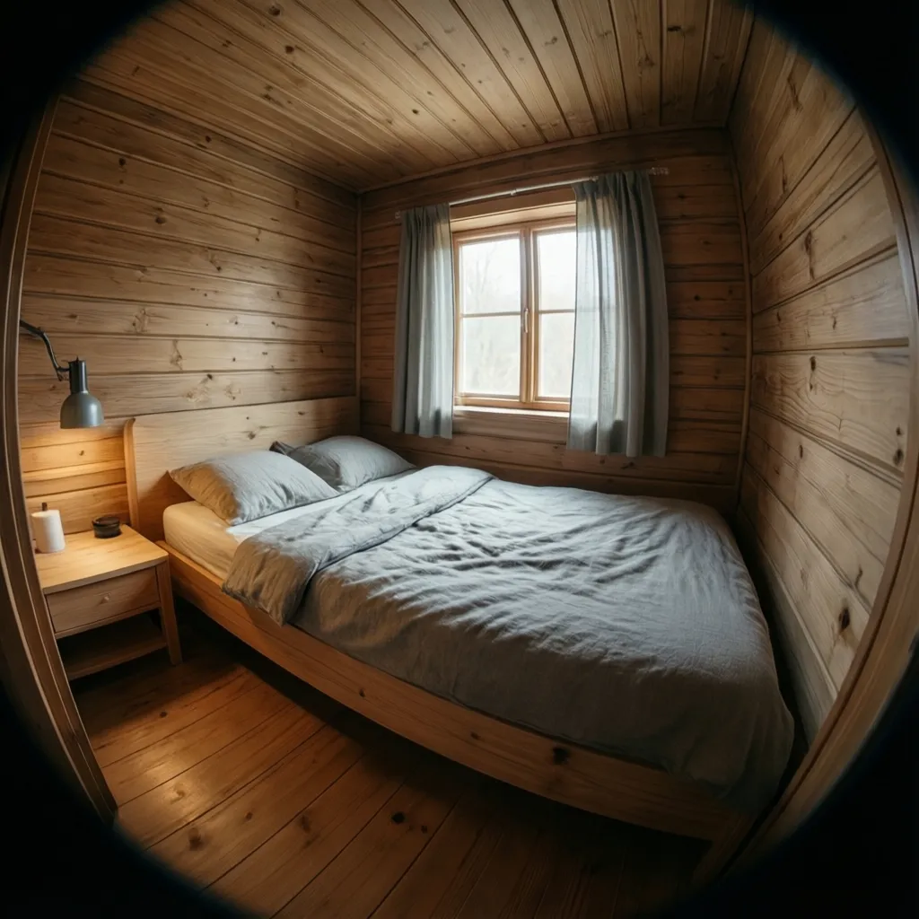 Kamar tidur kecil dalam rumah kayu minimalis