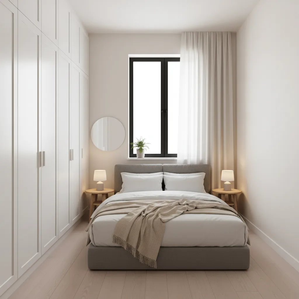 Minimalist bedroom with grey bed, white wardrobes, bedside tables, lamps, and a window with curtains