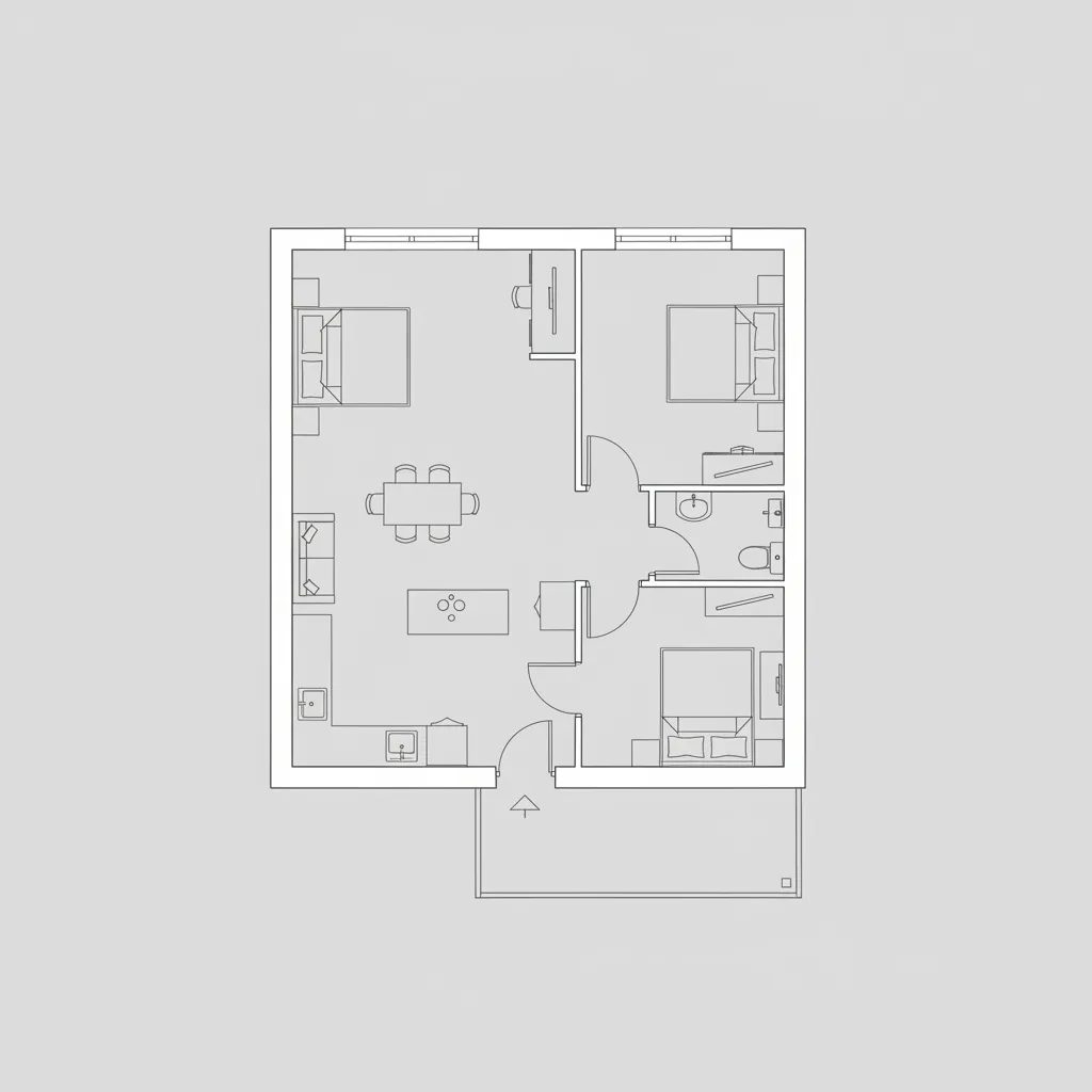 Interior design drawing of three bedroom apartment layout with living area kitchen and a balcony