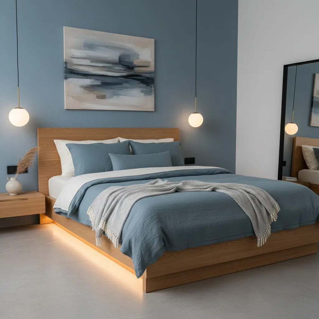 Kamar tidur dengan dinding biru dusty dan furnitur kayu
