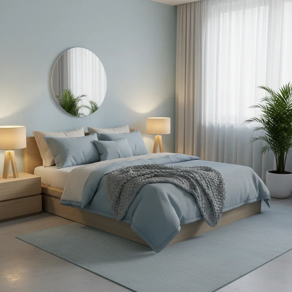 Kamar tidur dengan dinding biru muda dan pencahayaan lembut