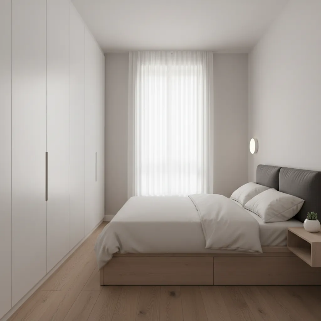 Minimalist bedroom with white wardrobe, bed with grey headboard, wooden floor, and sheer window curtains