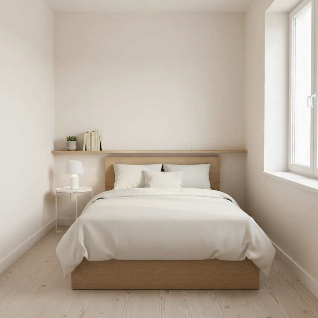 Minimalist bedroom with wooden bed frame white bedding side table lamp shelf and bright window