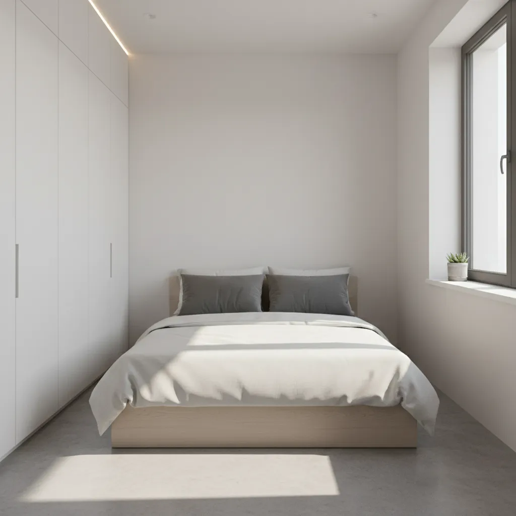 Minimalist bedroom design with white walls wooden bed large wardrobe window and soft natural sunlight