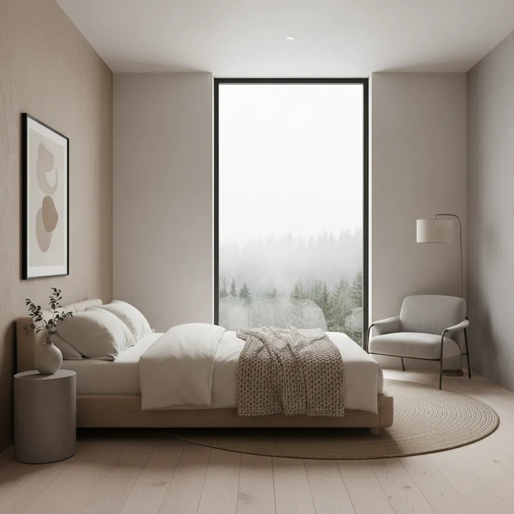Kamar tidur minimalis di lantai dua dengan jendela besar
