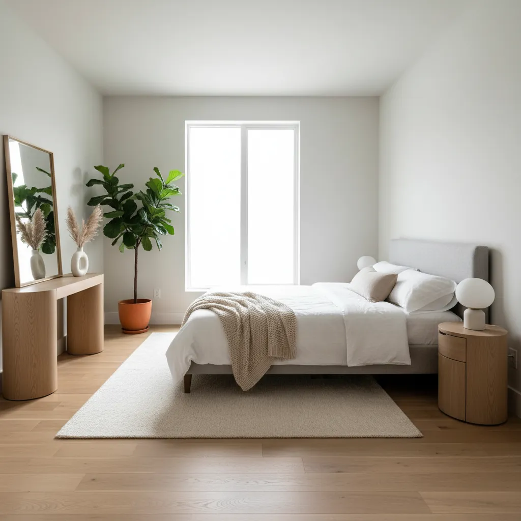 Modern bedroom with white walls, wooden floor, bed, large green plant, and natural window light
