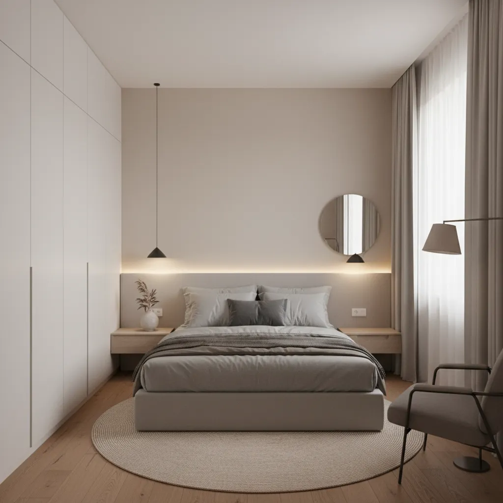 Minimalist bedroom featuring grey bed white wardrobe round rug wall light and small armchair seat